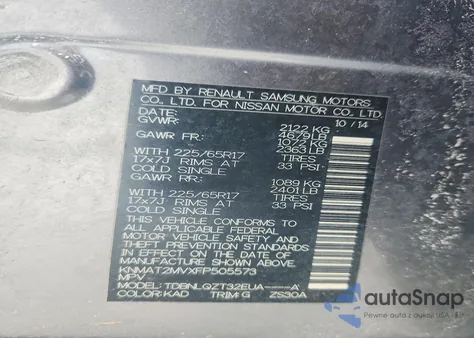 2015 Nissan Rogue S z USA, uszkodzony, nr VIN KNMAT2MVXFP505573